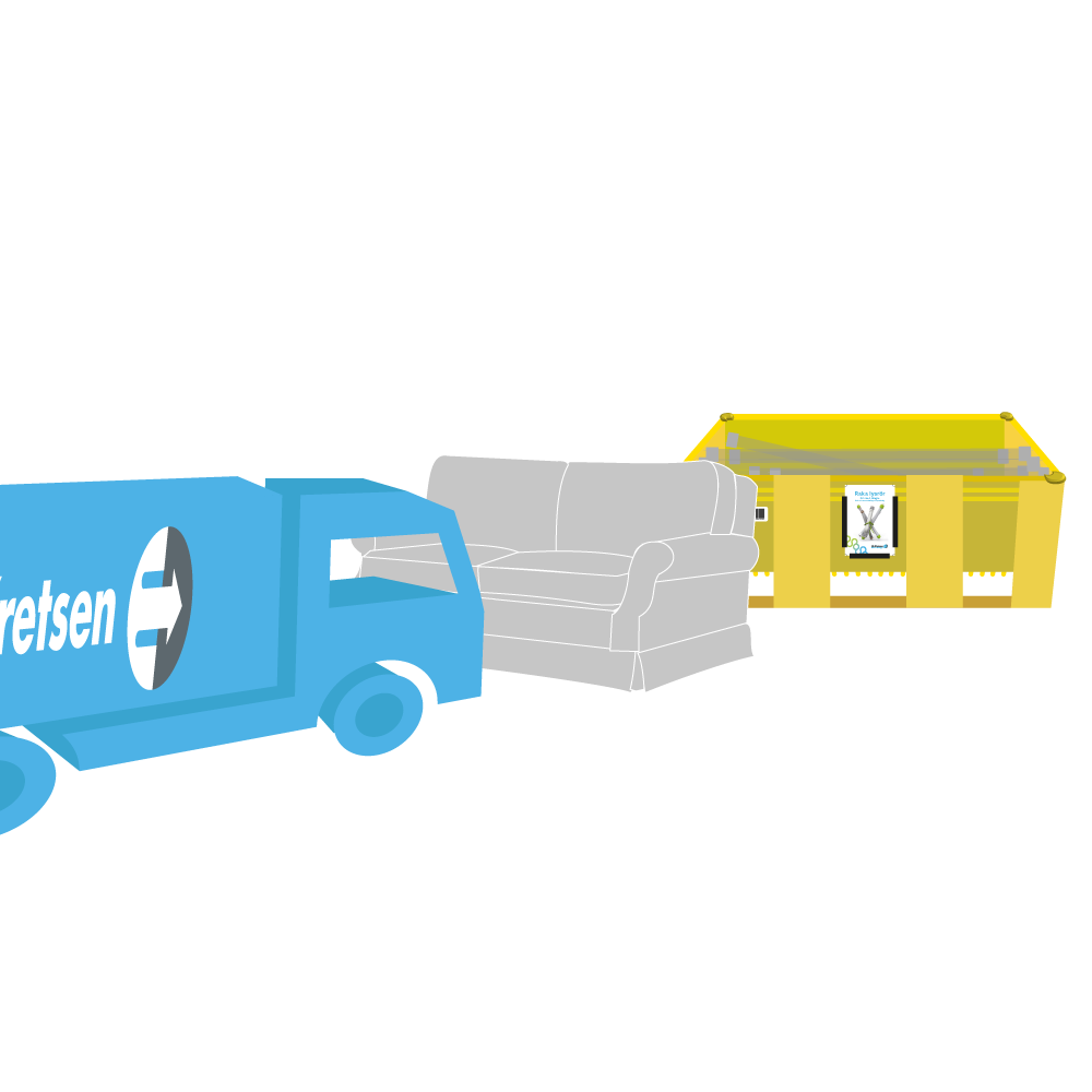 En illustration av en lastbil fr&aring;n El-Kretsen som &auml;r p&aring; v&auml;g till en ljusk&auml;llebox men det st&aring;r en soffa i v&auml;gen