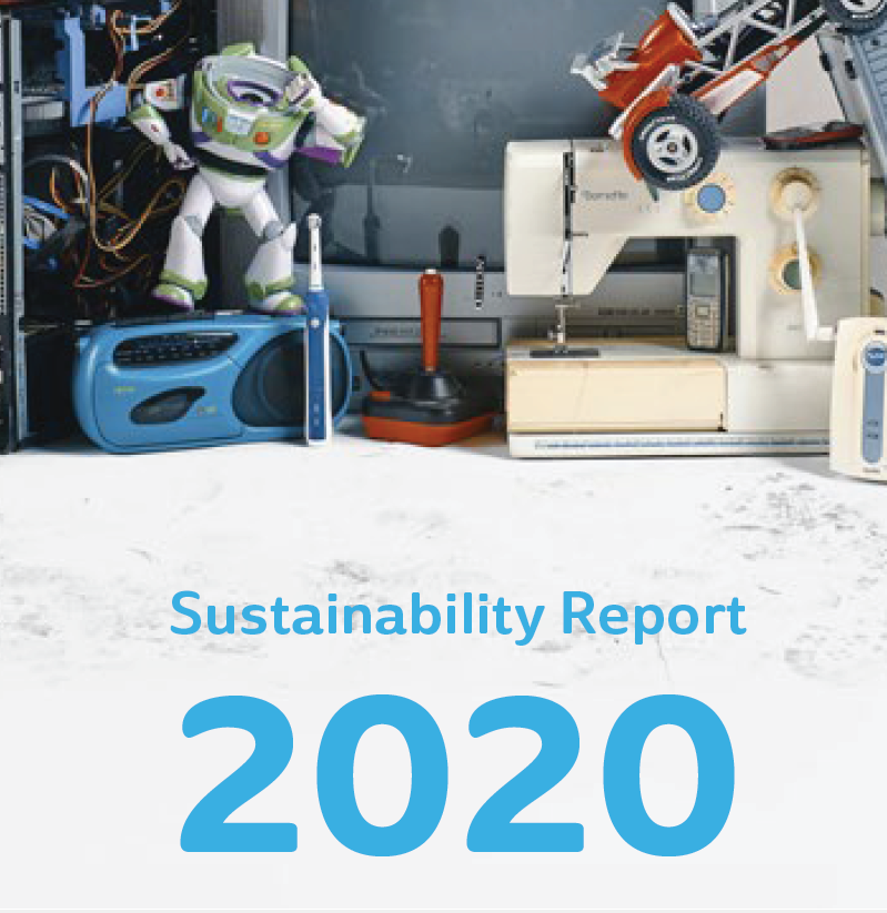 Cover image of the 2020 Sustainability Report, showing many different electronic toys