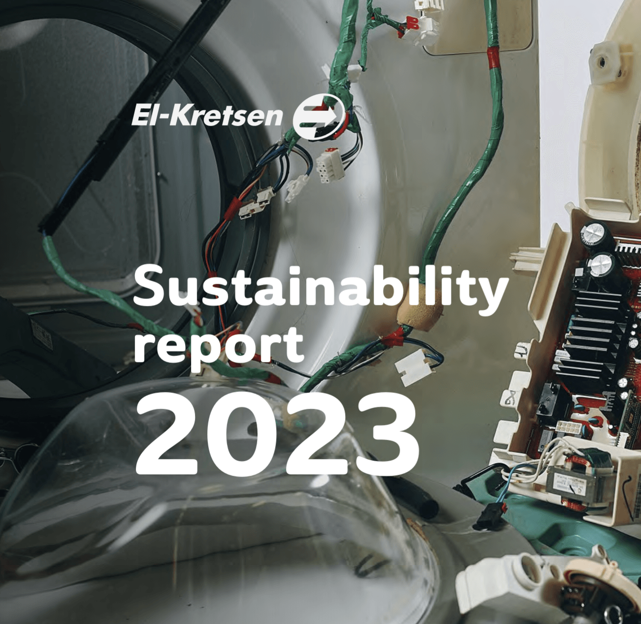 Cover image of the 2023 Sustainability Report, showing a disassembled washing machine
